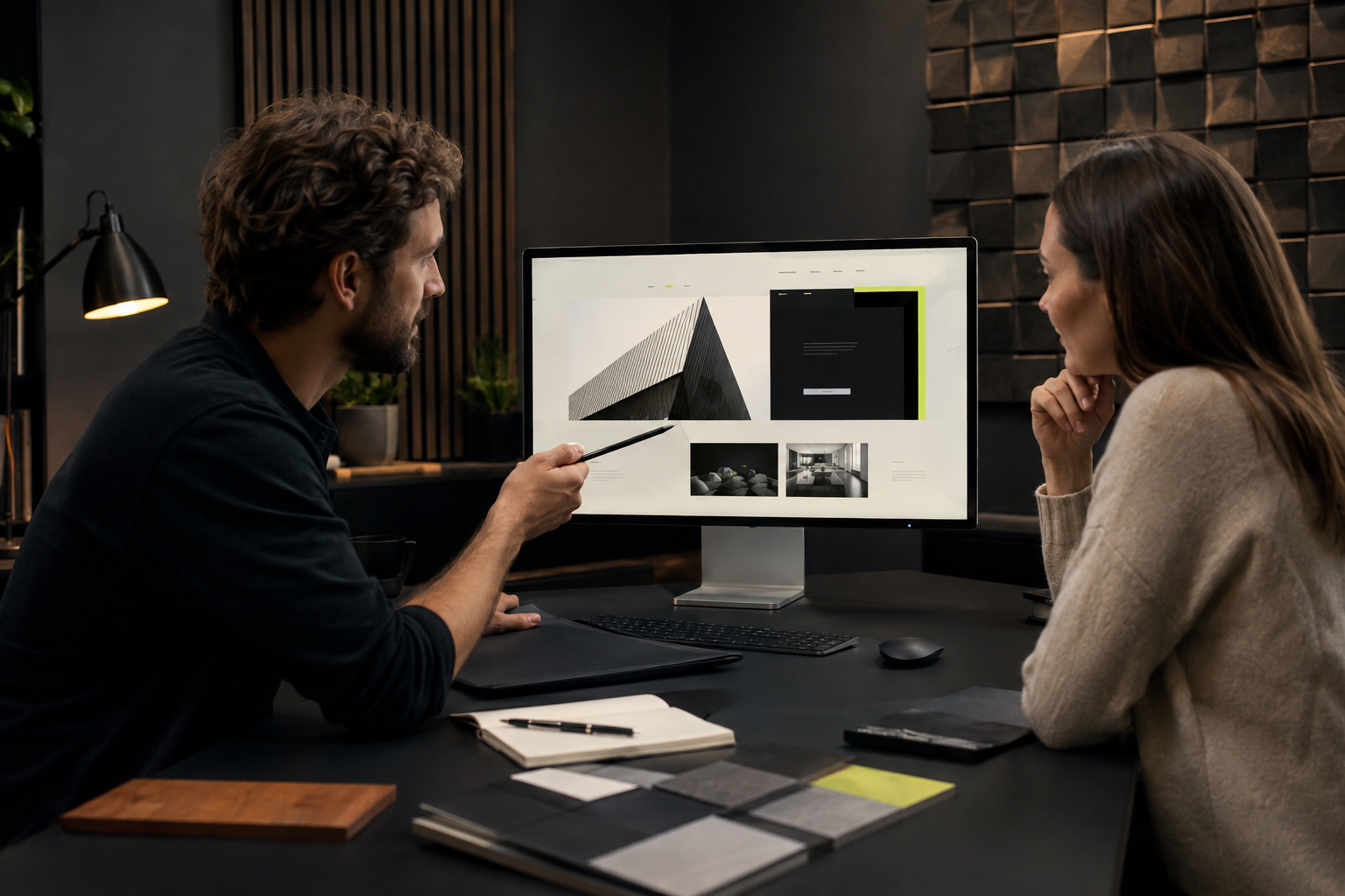 Designer and business client reviewing a premium website together