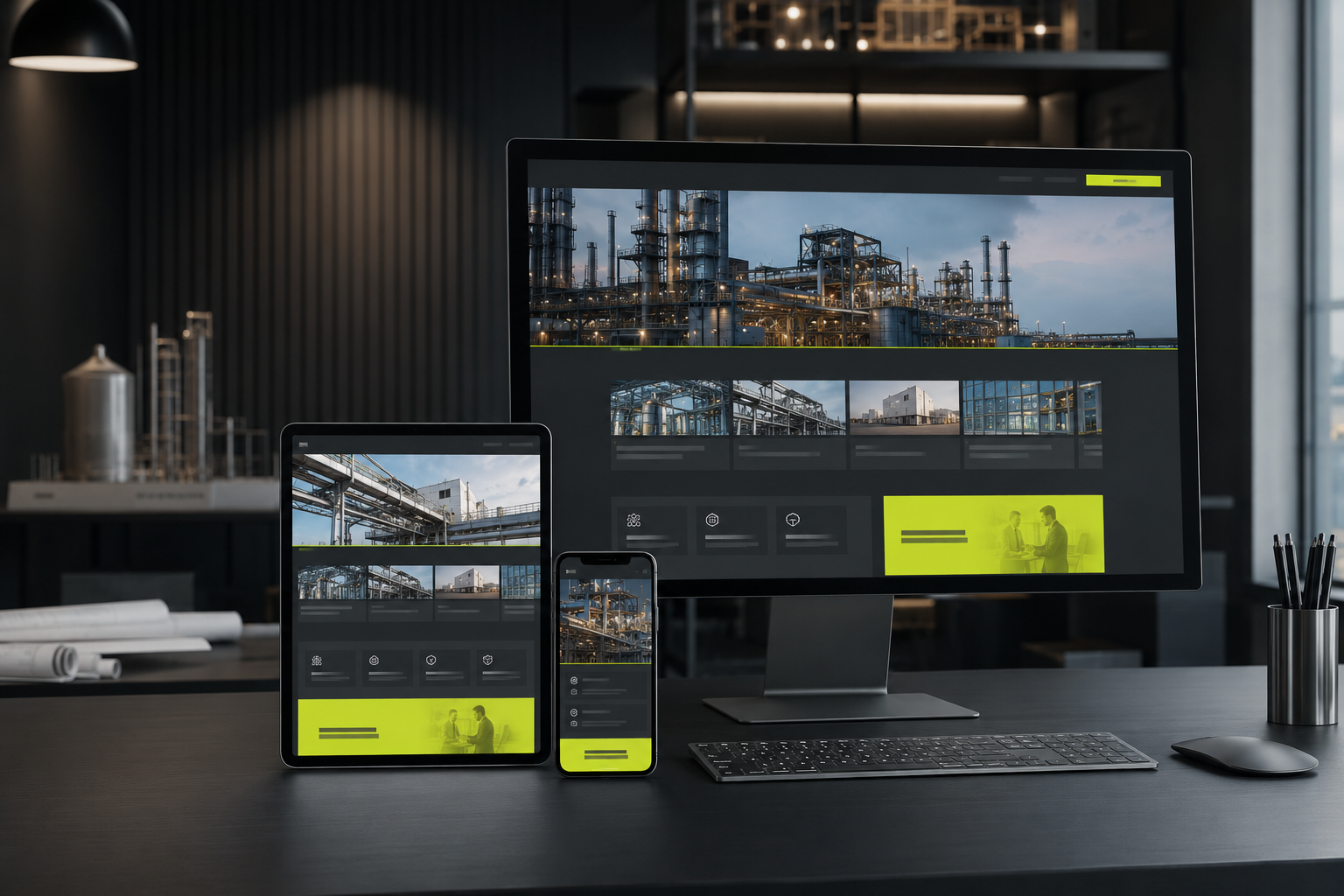 Responsive industrial corporate WordPress website concept displayed on desktop tablet and mobile devices