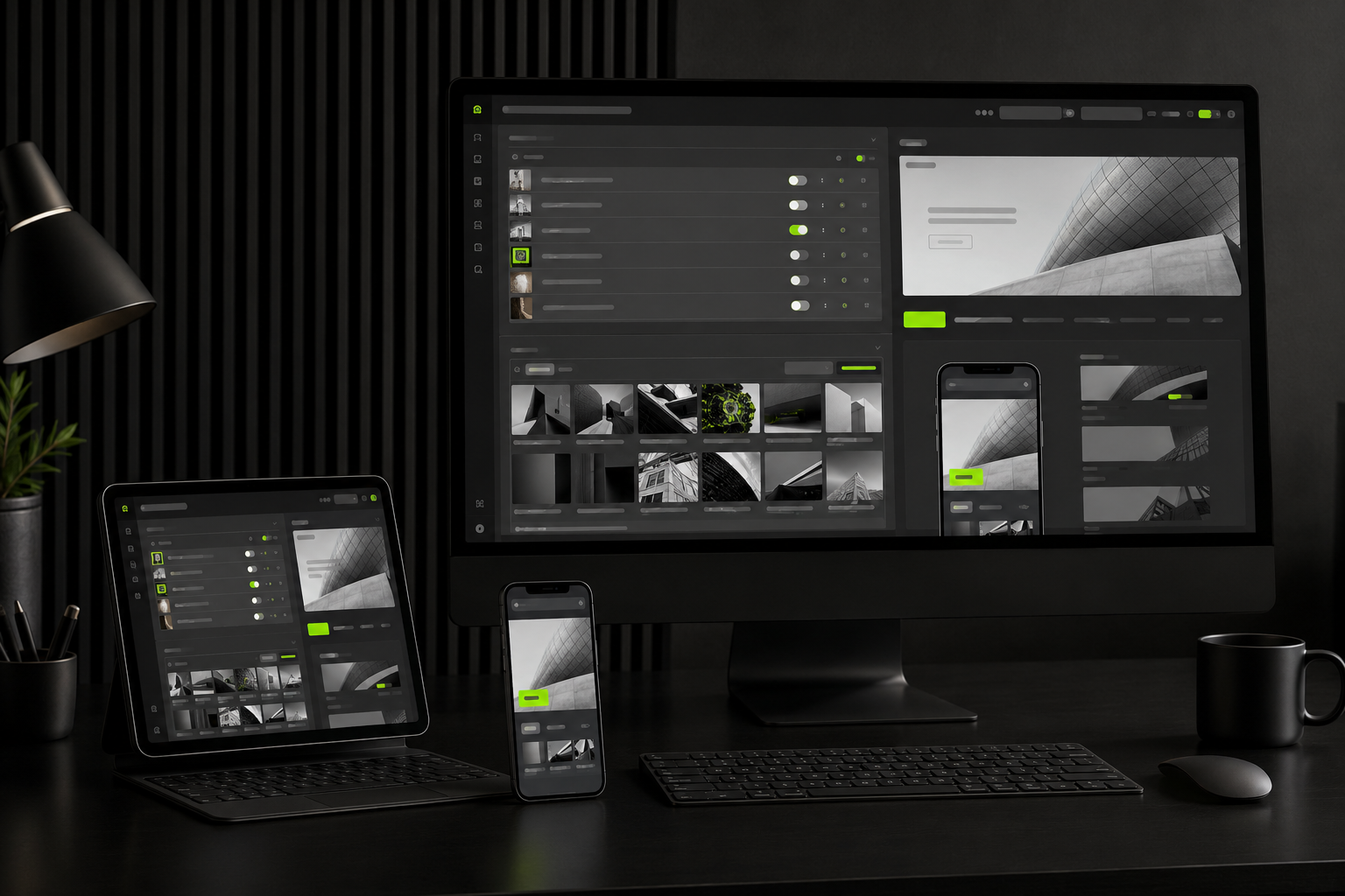 Responsive custom-coded content management website concept displayed on desktop tablet and mobile devices