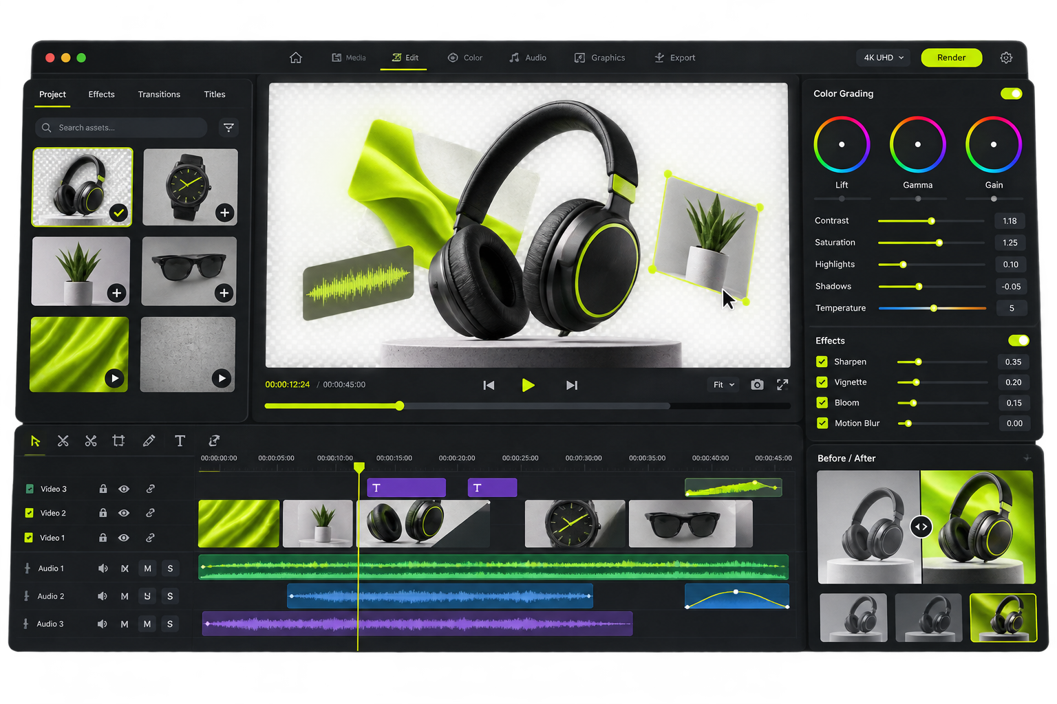 Professional video editing timeline, graphic design and product imagery workspace