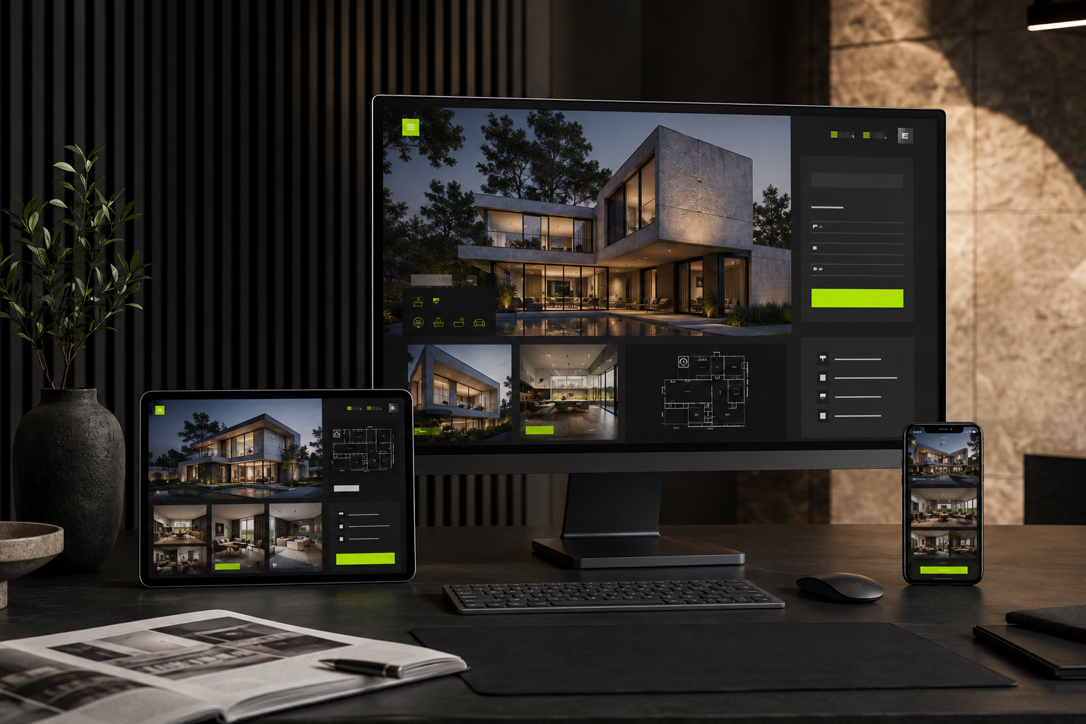 Responsive luxury real estate website concept displayed on desktop tablet and mobile devices