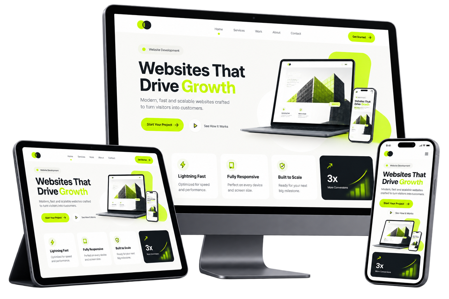 Premium responsive website development shown across multiple digital devices