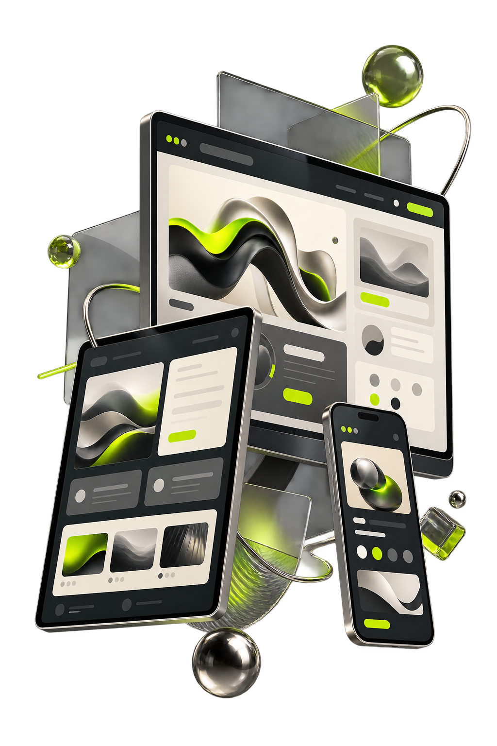 Premium responsive website interface design shown across desktop, tablet and mobile layouts